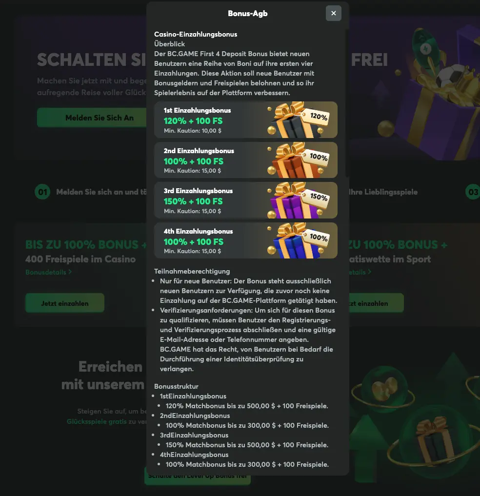 Beispiel für Bonus Bedingungen bei BC.Game. Die genauen Konditionen zum Bonus findet man nur im Kleingedruckten.