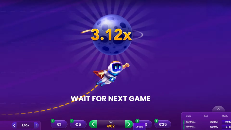 Screenshot vom Spaceman Crash Game, bei dem die Kurve über einen fliegenden Roboter dargestellt wird.