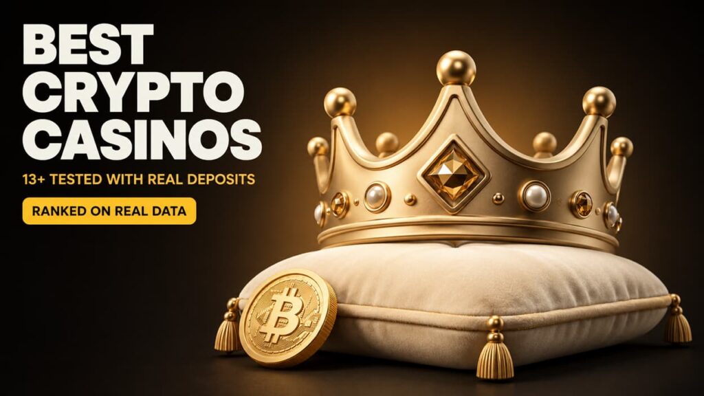 Best crypto casinos hero image featuring a premium gold crown on a cream cushion, a Bitcoin coin accent, and ranking text about 13+ tested casinos on Krypto-Casinos.com