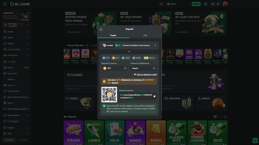 Screenshot of the BC.GAME online crypto casino platform displaying the cryptocurrency deposit interface. The active screen shows Bitcoin (BTC) selected on the Segwit network, featuring a scannable QR code, a direct wallet address, and a promotional offer for an extra 180% rakeback on minimum deposits. The background shows various casino games, sports betting promotions, and the site's navigation menu