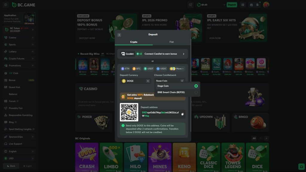 Full-screen screenshot of the BC.GAME cryptocurrency casino deposit window. The interface shows Dogecoin (DOGE) selected as the deposit currency over the BNB Smart Chain (BEP20) network. The display includes a scannable QR code, a unique deposit wallet address, and a promotional notification for an extra 180% rakeback on DOGE deposits. The background showcases the dark-mode casino dashboard with navigation for sports, lottery, and 'BC Originals' games like Crash and Limbo