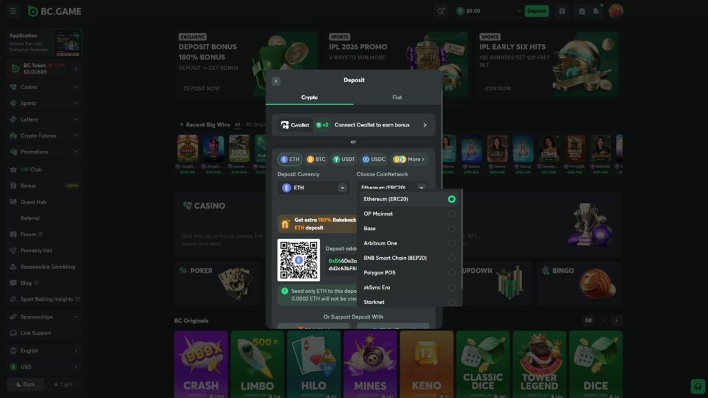 A high-definition screenshot of the BC.GAME online crypto casino deposit modal. The interface displays an Ethereum (ETH) deposit request with a scannable QR code and wallet address. A dropdown menu lists supported blockchain networks including ERC20, Base, and Arbitrum. The screen highlights a 180% rakeback bonus for ETH deposits against a background of popular casino games like Crash and Mines