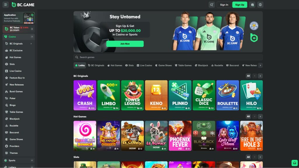 Full-screen screenshot of the BC.GAME online casino homepage featuring a 'Stay Untamed' welcome banner offering a sign-up bonus up to $20,000. The dark-mode interface showcases a professional sports partnership and a comprehensive game lobby. The 'BC Originals' section includes titles like Crash, Limbo, and Tower Legend, while the 'Hot Games' row features popular slots such as Sweet Rush Bonanza, Gates of Olympus, and Fire in the Hole 3. A detailed sidebar provides quick access to Live Casino, Sports Betting, Lottery, and individual game categories like Blackjack and Roulette