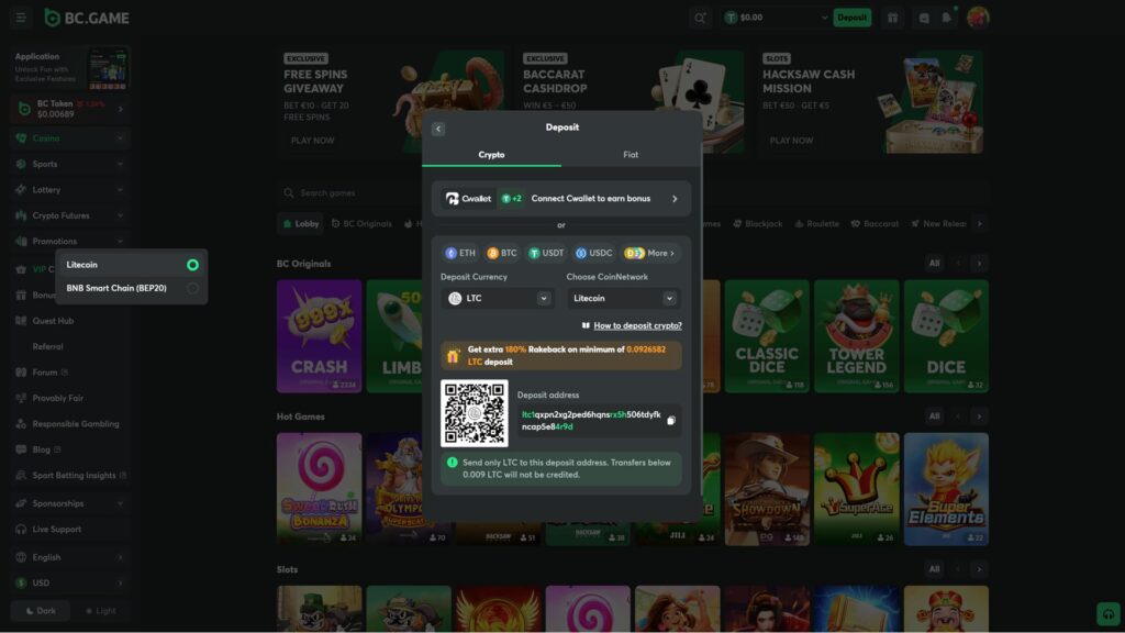 SEO-Optimized Alt Text
"High-definition screenshot of the BC.GAME online crypto casino deposit modal. The interface displays Litecoin (LTC) selected as the deposit currency on the native Litecoin network, featuring a scannable QR code and a unique deposit wallet address. A promotional banner highlights an extra 180% rakeback on LTC deposits. The background shows the dark-mode casino dashboard with navigation menus for sports and lottery, alongside 'BC Originals' games like Crash, Limbo, and Classic Dice