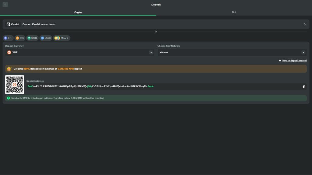 A detailed screenshot of the crypto deposit interface on a gaming platform, showing Monero (XMR) selected as the deposit currency on the Monero network. The interface displays a scannable QR code, a unique long-form deposit address, and a promotional banner offering an extra 180% rakeback on a minimum deposit of 0.0153836 XMR. The top navigation includes options for other cryptocurrencies like ETH, BTC, USDT, and USDC, as well as a prompt to connect a Cwallet for additional bonuses