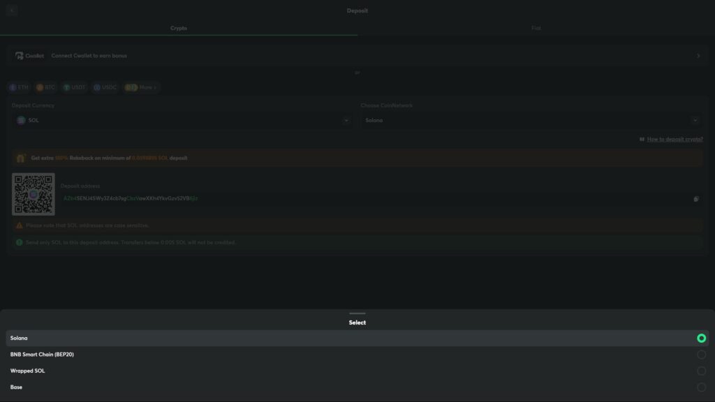 A detailed screenshot of a cryptocurrency deposit interface on a digital platform, showing Solana (SOL) selected as the deposit currency on the Solana network. The dark-themed interface includes a unique alphanumeric deposit address, a scannable QR code, and a promotional banner offering 180% Rakeback on a minimum deposit of 0.0598895 SOL. A selection menu at the bottom displays compatible network options, including Solana, BNB Smart Chain (BEP20), Wrapped SOL, and Base. The top of the page features navigation for other major assets like ETH, BTC, USDT, and USDC
