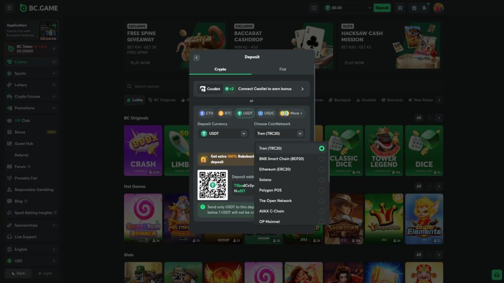 A high-definition screenshot of the BC.GAME crypto casino deposit interface, showing the USDT (Tether) deposit process on the Tron (TRC20) network. The dark-themed modal displays a unique deposit address and a scannable QR code, alongside a promotional offer for an extra 180% rakeback on deposits. A network selection dropdown menu highlights compatible options including BNB Smart Chain (BEP20), Ethereum (ERC20), Solana, Polygon POS, The Open Network, AVAX C-Chain, and OP Mainnet. The background showcases the BC Originals game lobby with titles like Crash, Limbo, and Classic Dice