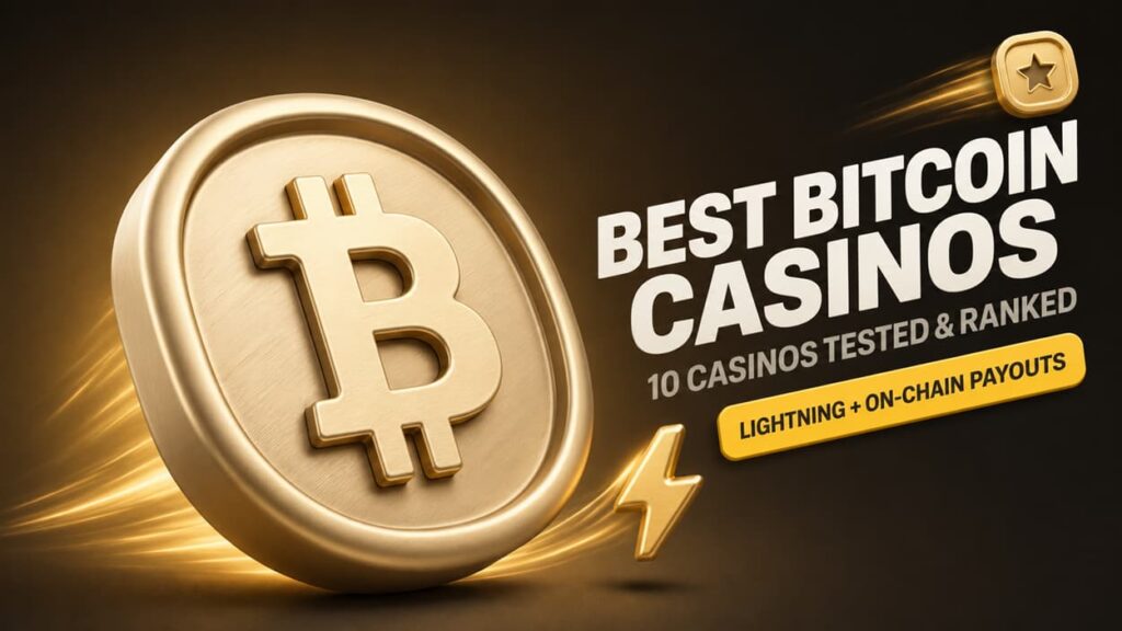 Best Bitcoin casinos hero image featuring a premium 3D gold Bitcoin coin, Lightning payout icon, and crypto casino ranking headline on Krypto-Casinos.com
