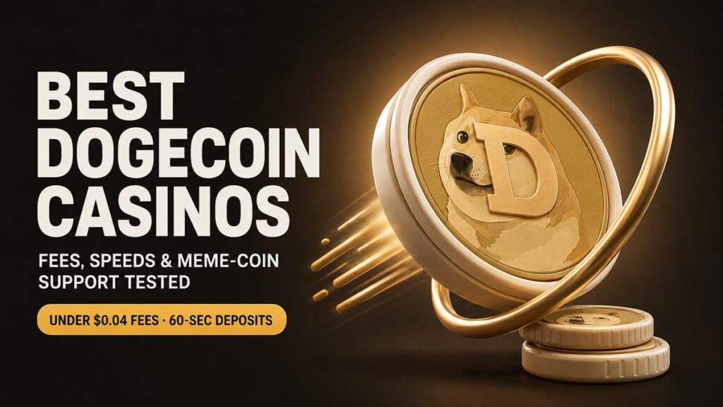 Best Dogecoin casinos banner with a 3D gold DOGE coin, Dogecoin logo artwork, speed ring, stacked coins, and fee and deposit testing callout