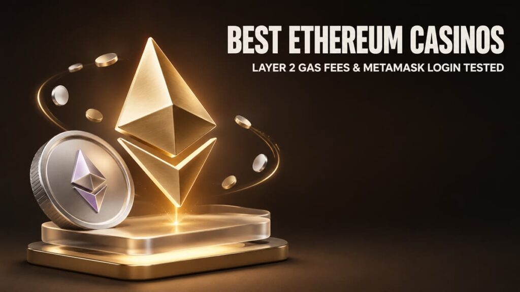 A premium hero image for the Best Ethereum Casinos category page featuring a 3D gold Ethereum symbol hovering above a glowing platform with floating coins and the headline, "Best Ethereum Casinos: Layer 2 Gas Fees & MetaMask Login Tested."