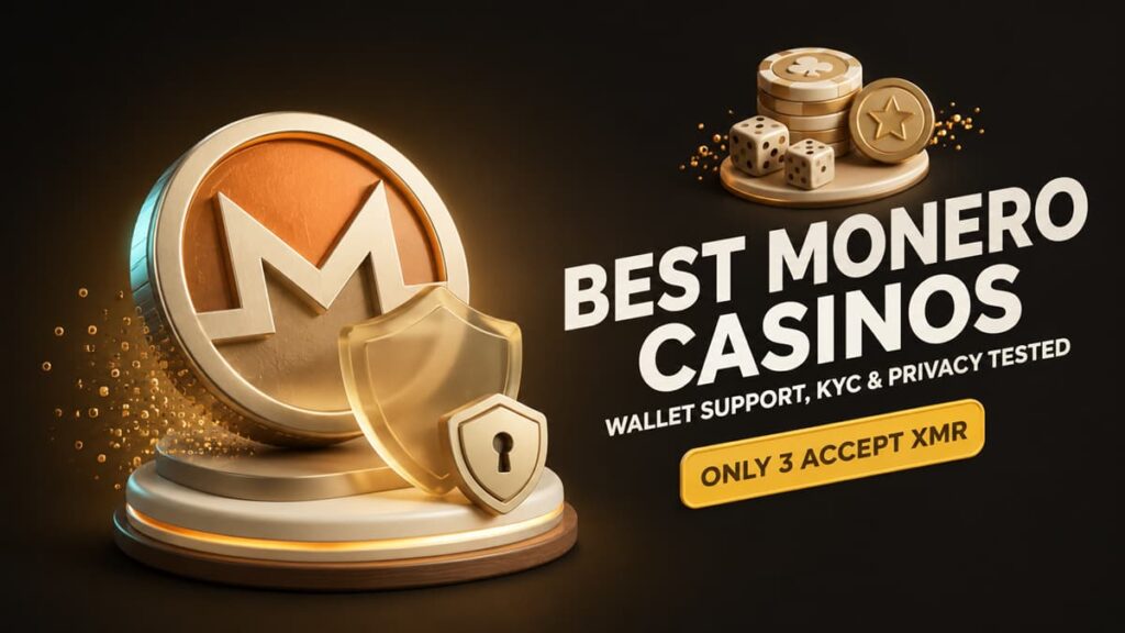 Best Monero casinos hero image featuring a premium 3D XMR coin, privacy shield, and “Only 3 Accept XMR” badge on a dark gold background