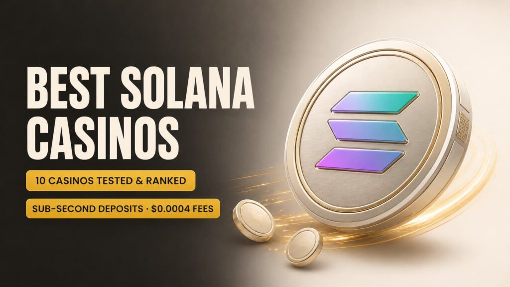 Best Solana casinos banner featuring a premium 3D SOL coin, sub-second deposits, low $0.0004 fees, and 10 Solana crypto casinos tested and ranked