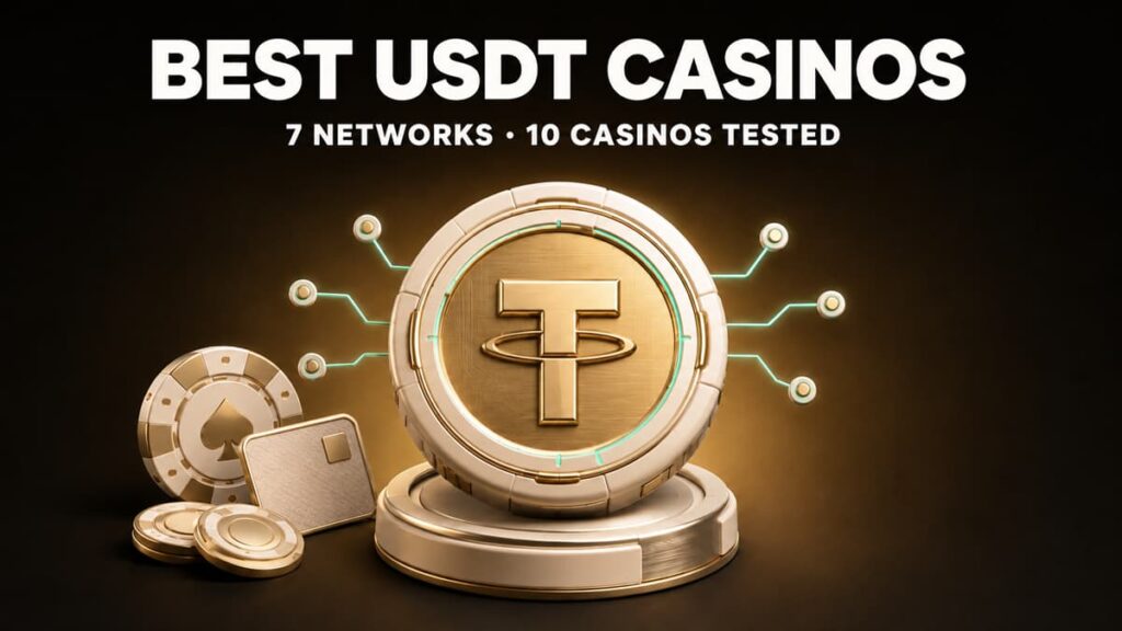 Premium 3D hero image for Best USDT Casinos, featuring an embossed Tether token with teal blockchain network rails, gold casino chips, and “7 Networks · 10 Casinos Tested” text