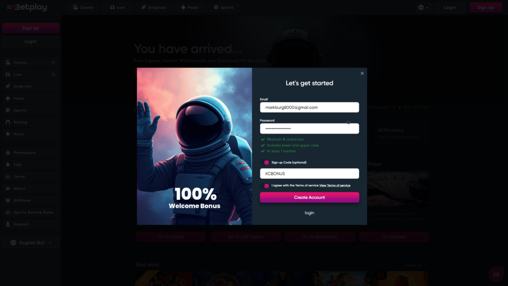 Betplay Casino Sign Up Code "KCBONUS" for extra bonuses and benefits