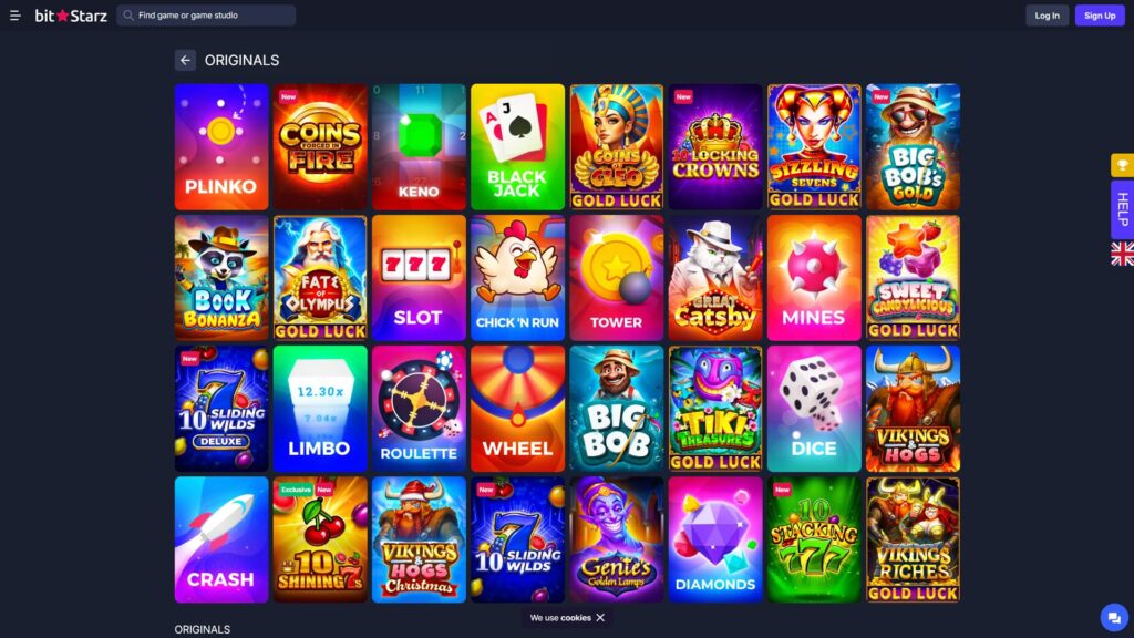 A comprehensive screenshot of the BitStarz Originals game library on the official online casino platform. The grid features exclusive and provably fair titles including Plinko, Limbo, Crash, Mines, and Tower. Other highlighted games include Blackjack, Roulette, Keno, and specialized slots like Coins of Cleo, Great Catsby, and Vikings & Hogs. The interface showcases a dark-themed design with vibrant game icons and a top navigation bar for searching games, logging in, or signing up