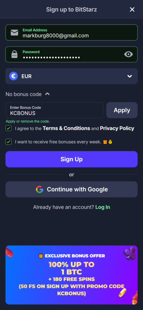 Bitstarz Bonus Code "KCBONUS" for extra benefits upon sign up