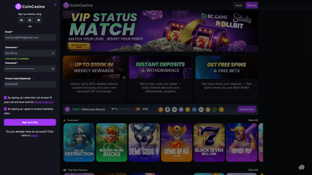 CoinCasino Promo Code "KCBONUS" for benefits