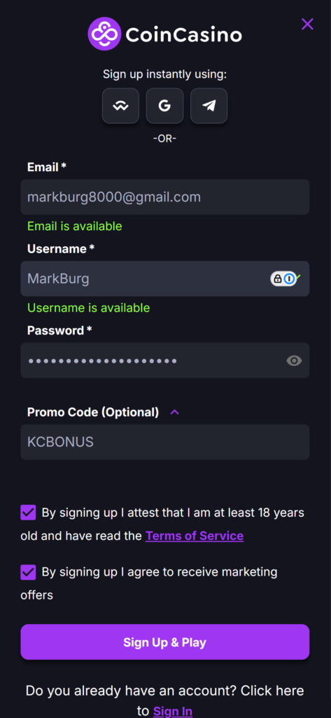 CoinCasino Promo Code "KCBONUS" for benefits