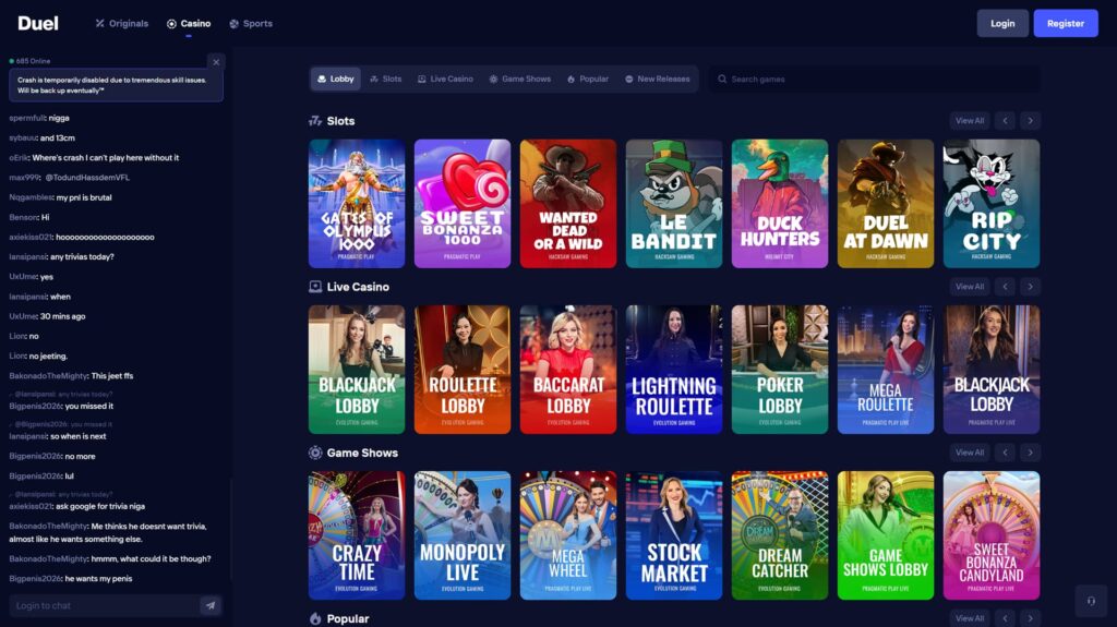 Screenshot of the Duel online casino lobby interface displaying various gaming categories. The Slots section features titles like Gates of Olympus 1000, Wanted Dead or a Wild, and Rip City. The Live Casino row showcases professional dealers for Blackjack, Roulette, and Baccarat by Evolution Gaming. The Game Shows area includes popular interactive titles such as Crazy Time, Monopoly Live, and Sweet Bonanza Candyland. A live player chat sidebar is visible on the left, and the top navigation includes links for Originals, Casino, and Sports betting