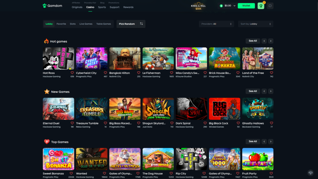 Gamdom Casino Games Overview with a selection of a few games