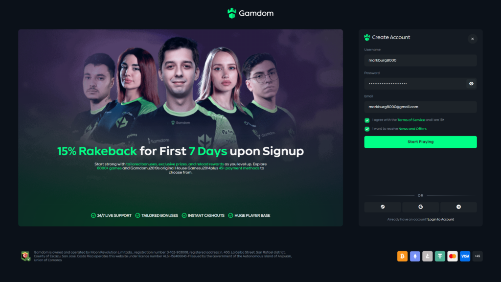 Gamdom Registration interface and bonus code "KCBONUS"