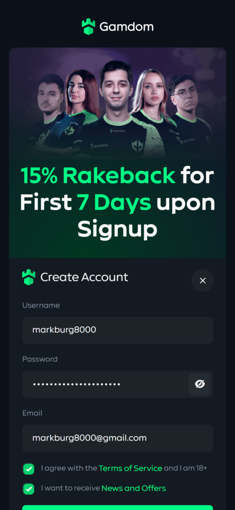 Gamdom Registration interface and bonus code "KCBONUS"