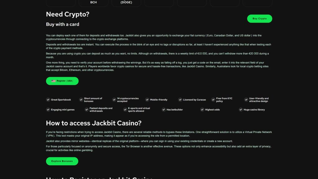 Full-screen screenshot of a review page for Jackbit Casino, featuring a guide on how to buy crypto with a card and how to access the platform. The dark-themed interface includes a 'Buy Crypto' button and highlights key features such as a Great Sportsbook, 14 cryptocurrencies accepted, a Free from KYC policy, and Fastest deposits and withdrawals. The section on 'How to access Jackbit Casino?' provides information on using a Virtual Private Network (VPN), mirror websites, and the Tor Browser to bypass restrictions while enhancing privacy and anonymity for online gambling