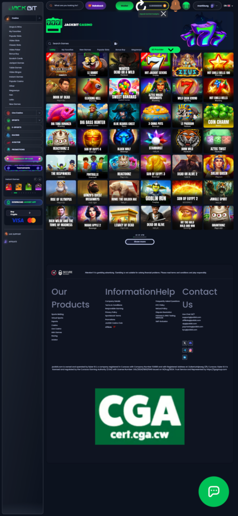 Jackbit Casino Games overview with a selection of a few games