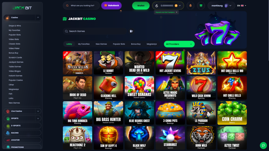 Jackbit Casino Games Overview with a selection of a few games 