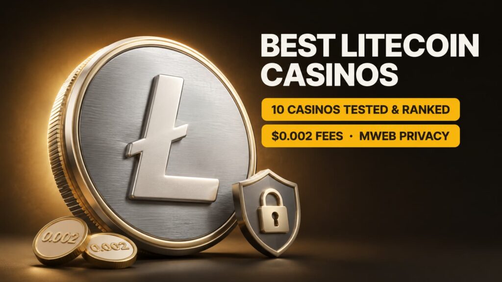 Best Litecoin casinos banner featuring a premium 3D LTC coin, MWEB privacy shield, $0.002 fees, and 10 Litecoin crypto casinos tested and ranked
