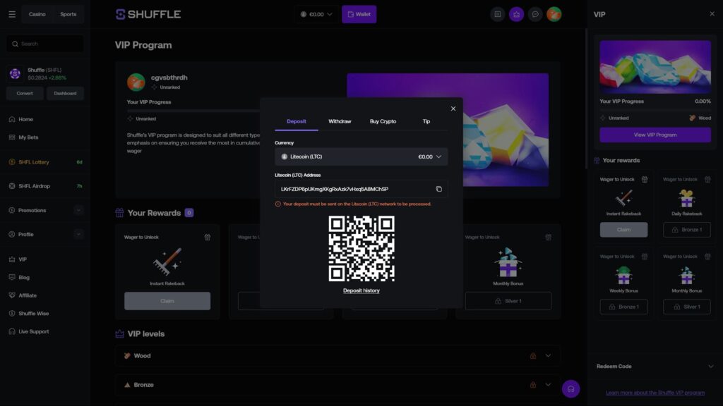 Screenshot of the Shuffle online crypto casino interface featuring a Litecoin (LTC) deposit modal. The popup displays a unique LTC wallet address, a scannable QR code, and a warning to ensure deposits are sent via the Litecoin network. The background shows the VIP Program dashboard, highlighting user progress, rewards like Instant Rakeback and Monthly Bonuses, and VIP tiers including Wood and Bronze. The left-hand navigation sidebar includes links to the SHFL Lottery, Airdrops, and Sports Betting sections