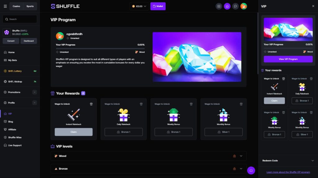 A high-definition screenshot of the Shuffle VIP Program dashboard on the Shuffle crypto casino platform. The dark-themed interface displays a user's progress bar currently at 0.00% for the Unranked status, with the next level being Wood. The "Your Rewards" section showcases various incentives including Instant Rakeback, Daily Rakeback, Weekly Bonus, and Monthly Bonus, many of which require reaching the Bronze 1 or Silver 1 level to unlock. A sidebar provides navigation for Casino, Sports, SHFL Lottery, and SHFL Airdrop, while the right panel highlights the "Wood" VIP level and a "View VIP Program" button