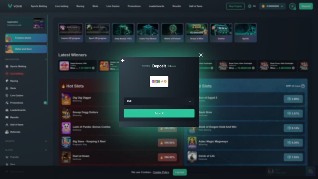 A high-definition screenshot of the Vave online casino platform showing the deposit modal for Monero (XMR). The interface features a dropdown menu with XMR selected and a green "Submit" button to proceed with the transaction. The background displays the dark-themed casino dashboard, including a "Latest Winners" feed and "Hot Slots" such as Snoop Dogg Dollars and Dig Dig Digger. Navigation links for Sports Betting, Live Casino, and the VIP program are visible in the header and sidebar