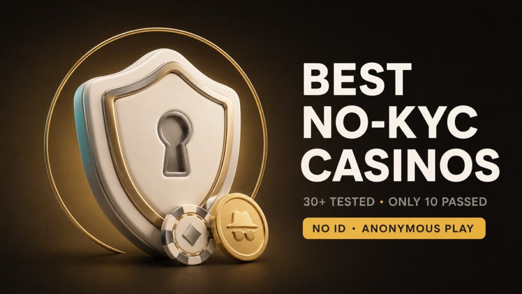 Best no-KYC casinos guide cover featuring a premium 3D shield with keyhole, gold security ring, casino chip and anonymous play badge
