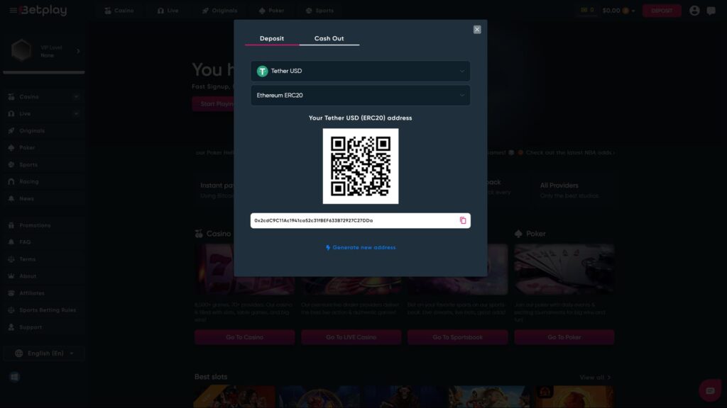 A high-definition screenshot of the Betplay.io crypto casino interface, specifically showing the deposit modal for Tether USD (USDT) on the Ethereum ERC20 network. The modal features a prominent QR code for easy mobile transfers, a unique alphanumeric deposit address, and an option to "Generate new address." The background displays the dark-themed website dashboard with navigation links for Casino, LIVE Casino, Sportsbook, and Poker, along with promotional categories like Originals, Racing, and Promotions