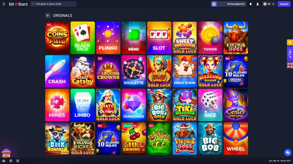 Screenshot of the BitStarz online casino 'Originals' game gallery. The dark-themed interface displays a grid of colorful game tiles including exclusive titles like Plinko, Blackjack, Crash, Keno, and Slot. Notable featured games include Great Catsby, BitStarz Billion, and various 'Gold Luck' series titles. The top navigation bar shows a search function, user balance, and a deposit button, while the bottom right corner displays the current date and time