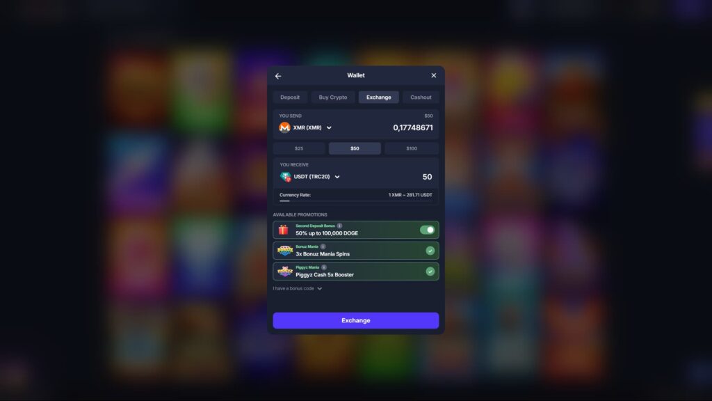Screenshot of a crypto casino Wallet Exchange interface showing a conversion from Monero (XMR) to Tether (USDT TRC20). The modal window displays an exchange amount of 0.17748671 XMR for 50 USDT at a rate of 1 XMR ≈ 281.71 USDT. Below the exchange details, available promotions are visible, including a Second Deposit Bonus of 50% up to 100,000 DOGE, 3x Bonuz Mania Spins, and a Piggyz Cash 5x Booster. The background features a blurred grid of colorful online slot game tiles