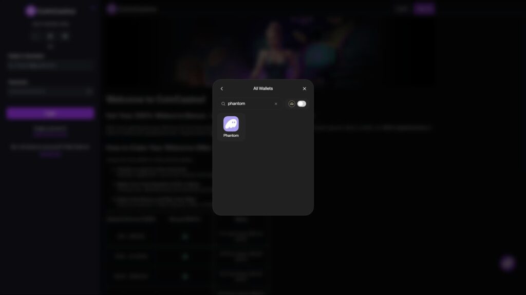 A high-definition screenshot of the "All Wallets" connection modal on a Web3 platform interface. The dark-themed modal features a search bar with the query "phantom" entered, displaying the Phantom wallet icon as the primary result. The interface includes a close button, a back arrow, and a WalletConnect toggle switch. The background is a blurred view of a website dashboard, featuring purple accents and a welcome message
