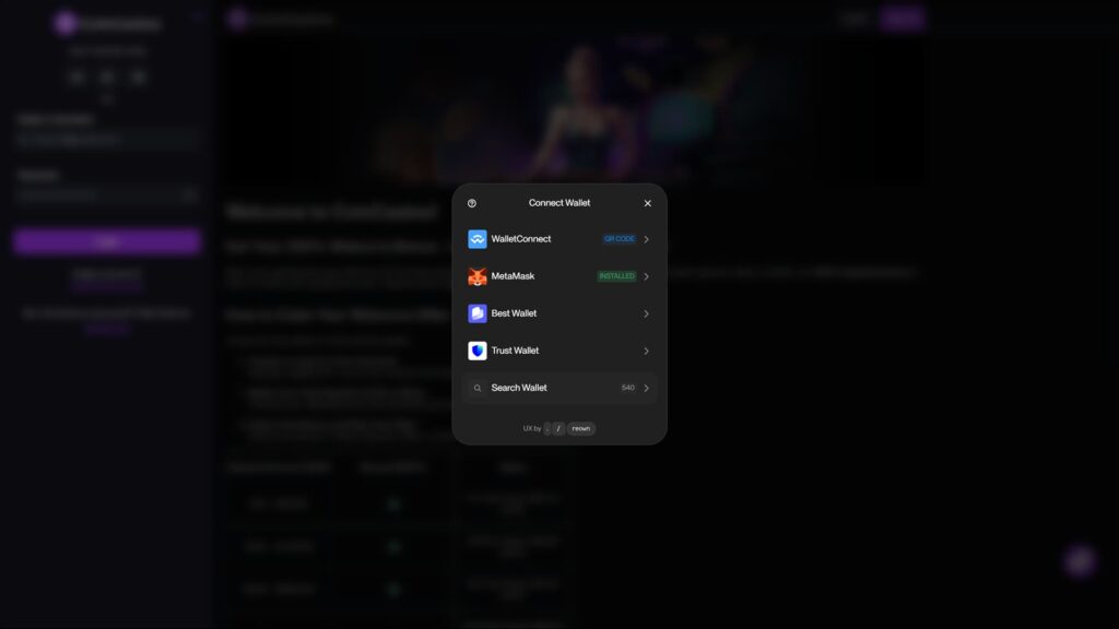 A high-definition screenshot of a 'Connect Wallet' modal window on a Web3 platform. The interface lists popular cryptocurrency wallet options including WalletConnect (with a QR code option), MetaMask (indicated as 'Installed'), Best Wallet, and Trust Wallet. A search bar at the bottom suggests over 540 additional wallet integrations. The modal features a clean, dark-themed design with the 'UX by reown' branding at the footer, set against a blurred background of the main site interface