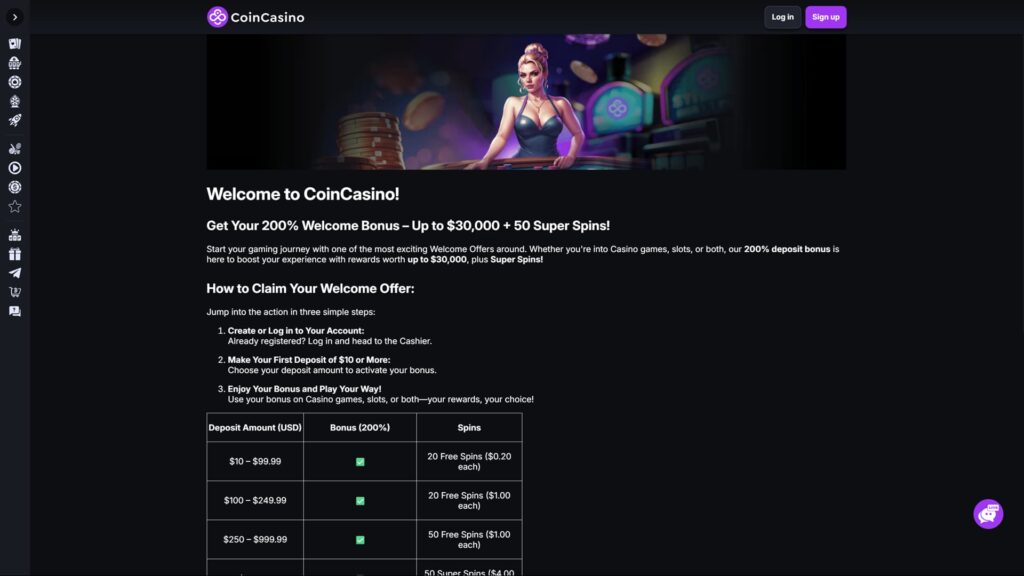 A high-definition screenshot of the CoinCasino welcome landing page, featuring a 200% Welcome Bonus up to $30,000 plus 50 Super Spins. The dark-themed interface shows a banner image of a female dealer at a poker table with stacks of chips. The page outlines a three-step guide to claiming the offer: creating an account, making a minimum deposit of $10, and enjoying the bonus on casino games or slots. A detailed table breaks down rewards by deposit amount, including Free Spins valued from $0.20 to $1.00 and Super Spins for higher-tier deposits