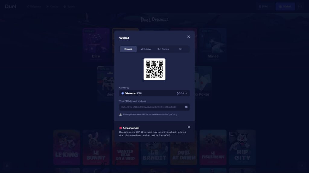 Screenshot of the Duel online crypto casino wallet interface showing an Ethereum (ETH) deposit modal. The window displays a unique QR code, a specific ETH deposit address, and a reminder that deposits must be sent via the Ethereum Network (ERC-20). An announcement at the bottom notes potential delays for BEP-20 network deposits. The background features various 'Duel Originals' and slot games, maintaining the platform's dark-themed aesthetic