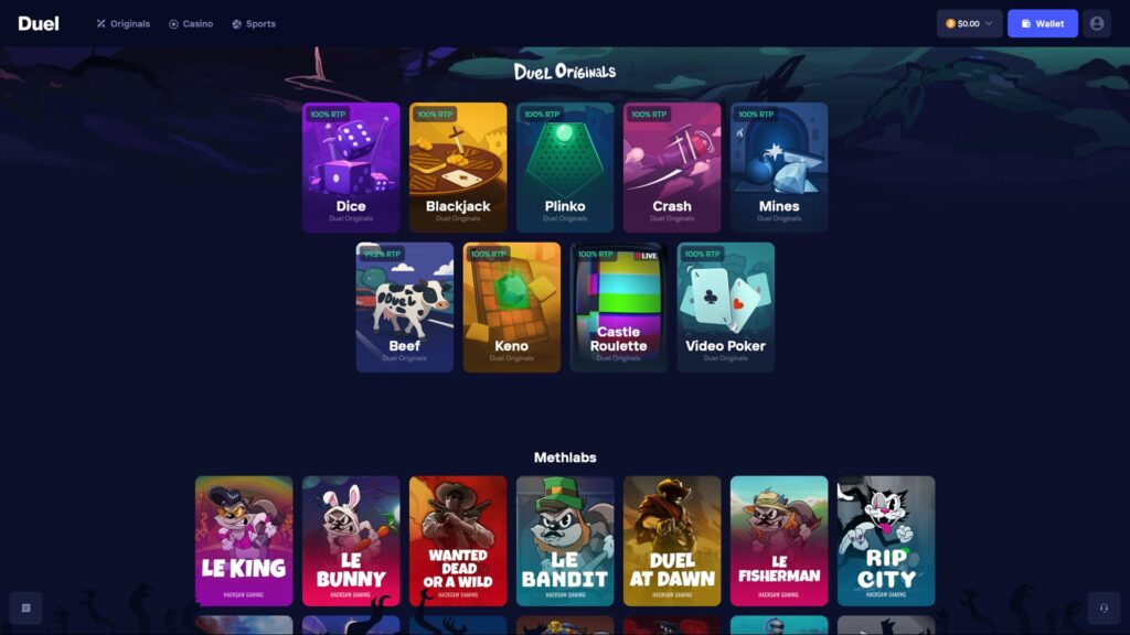 Screenshot of the Duel online casino platform homepage interface. The dark-themed screen displays two main game categories. The top section, 'Duel Originals,' features in-house games like Dice, Blackjack, Plinko, Crash, and Mines, prominently highlighting 100% RTP. The bottom section, titled 'Methlabs,' showcases popular Hacksaw Gaming slot titles including Wanted Dead or a Wild, Le Bandit, and Rip City. The top navigation bar includes links for Originals, Casino, and Sports, alongside a user wallet and zero balance
