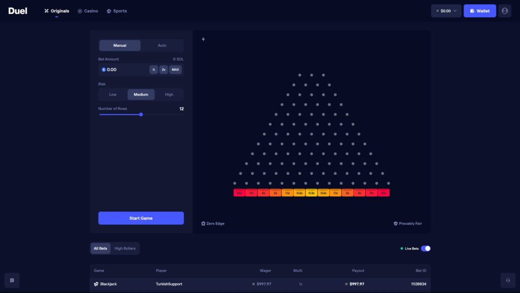 A high-definition screenshot of the Plinko game interface on the Duel crypto casino platform. The image shows a dark-themed dashboard with a triangular peg board and various multiplier buckets at the bottom, ranging from 0.3x to 33x. The control panel on the left allows for Manual or Auto play, with settings for Bet Amount in SOL, Risk levels (Low, Medium, High), and the Number of Rows set to 12. The interface includes a "Start Game" button and indicators for Zero Edge and Provably Fair gaming. Below the main game, a live betting feed shows recent wagers like Blackjack with player names and payouts