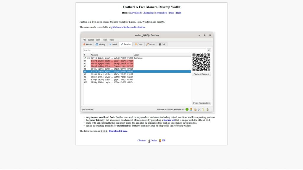 A screenshot of the official website for Feather, a free and open-source Monero desktop wallet. The page features a central screenshot of the wallet interface showing the 'Receive' tab with a list of generated XMR addresses, labels like 'Exchange', and a payment request QR code. The text describes Feather as a beginner-friendly yet advanced wallet for Linux, Tails, Windows, and macOS, noting its compatibility with modern hardware and experimental feature set. Links for download, documentation, and the latest version 2.8.1 are clearly visible