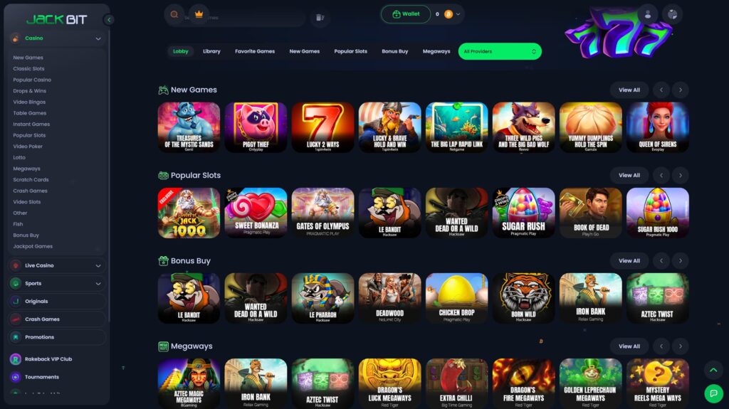 A high-definition screenshot of the Jackbit online casino game lobby. The dark-themed interface features a sidebar with categories like Slots, Live Casino, Sports, and Originals. The main display showcases organized rows of game tiles under sections for New Games, Popular Slots, Bonus Buy, and Megaways. Featured titles include popular hits such as Sweet Bonanza, Gates of Olympus, Wanted Dead or a Wild, and Sugar Rush, with providers like Pragmatic Play, Hacksaw, and BGaming visible. The top navigation includes filters for Bonus Buy and Megaways, a search bar, and a wallet balance indicator