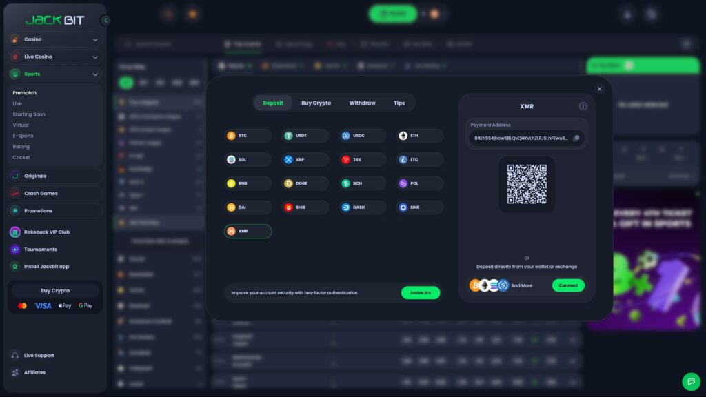 A high-definition screenshot of the Jackbit crypto casino deposit modal window. The interface shows Monero (XMR) selected from a wide range of supported cryptocurrencies, including BTC, ETH, SOL, and DOGE. The right panel displays a unique XMR payment address and a scannable QR code for direct wallet transfers. The dark-themed dashboard background features a comprehensive sidebar with links to the Rakeback VIP Club, Crash Games, and Sports Betting categories, alongside an option to enable two-factor authentication (2FA) for account security
