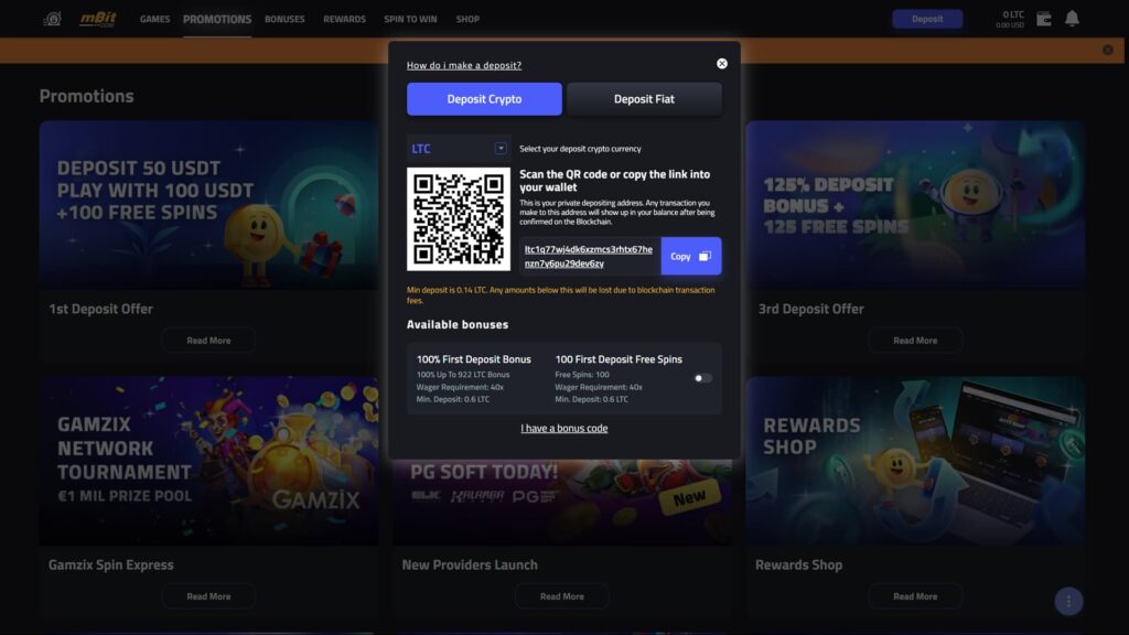 A high-definition screenshot of the mBit Casino 'Deposit Crypto' interface specifically for Litecoin (LTC). The modal window displays a scannable QR code and a unique LTC wallet address for private depositing. Below the address, the interface lists available promotions, including a 100% First Deposit Bonus of up to 922 LTC and 100 First Deposit Free Spins, both featuring a 40x wagering requirement. The background displays the mBit Promotions page with various offers like the Gamzix Network Tournament and the Rewards Shop