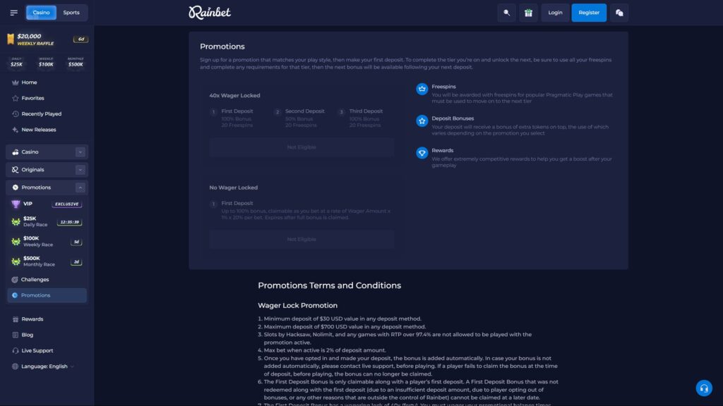 Screenshot of the Rainbet online crypto casino Promotions page interface. The dark-mode dashboard displays various bonus offers, including a '40x Wager Locked' multi-tiered deposit bonus with free spins for Pragmatic Play slots, and a 'No Wager Locked' bonus option. The main screen also details the comprehensive 'Promotions Terms and Conditions,' highlighting minimum deposit requirements and game restrictions. A detailed left sidebar shows navigation links for Casino, Sports, VIP club, daily races, and a $20,000 weekly raffle