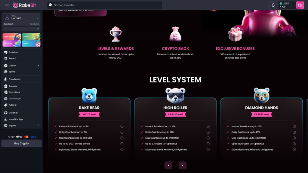 A high-definition screenshot of the RakeBit online casino Level System and VIP rewards dashboard. The interface features a dark theme with three distinct loyalty tiers: Rake Bear (VIP 1-5), High Roller (VIP 6-10), and Diamond Hands (VIP 11-15), each represented by a stylized bear mascot. Detailed benefit lists for each level include Instant Rakeback up to 15%, Daily Cashback up to 15%, and Level-up bonuses reaching 1,525 USDT. The top section highlights core player perks such as Crypto Back (up to 25% cashback and rakeback) and Exclusive Bonuses for VIP access. The sidebar includes navigation for Casino, Sports, Missions, and Live Chat, alongside payment icons for Google Pay, Apple Pay, and Visa
