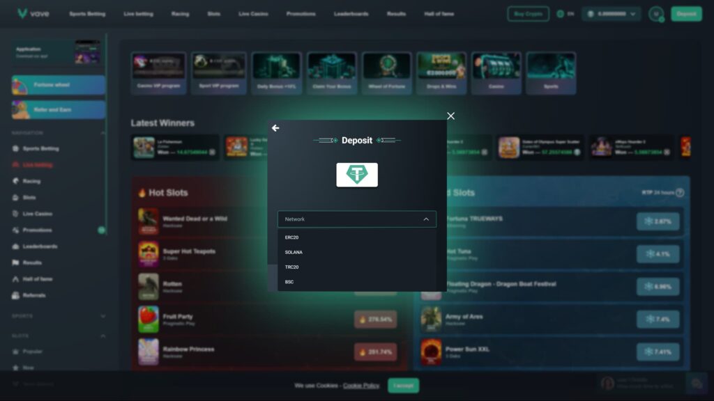 A high-definition screenshot of the Vave crypto casino and sportsbook deposit interface. The dark-themed modal displays a network selection dropdown for depositing Tether (USDT), with available options including ERC20, SOLANA, TRC20, and BSC. The background features a blurred view of the main dashboard, highlighting sections like Latest Winners, Hot Slots such as "Wanted Dead or a Wild," and navigation links for Sports Betting, Live Casino, and Promotions. Top banners promote the Casino VIP program, Sport VIP program, and a Wheel of Fortune bonus